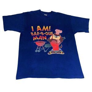 Vintage 90s Taz T-Shirt XL Blue I Am Barbeque Man Looney Tunes Single Stitch